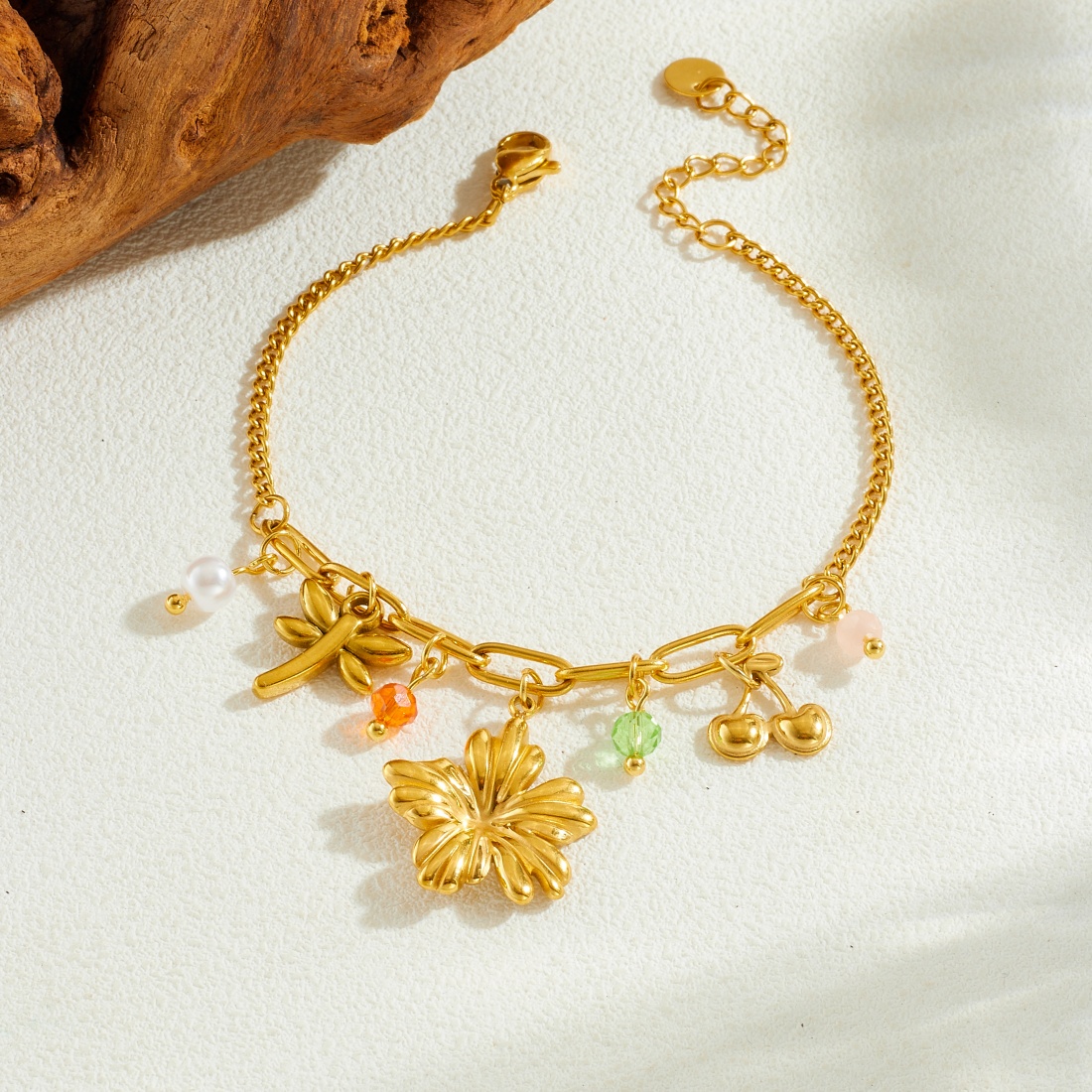 String Of Pearls Plant - Roestvrij staal gouden bloem Dragonfly kersenkleurige